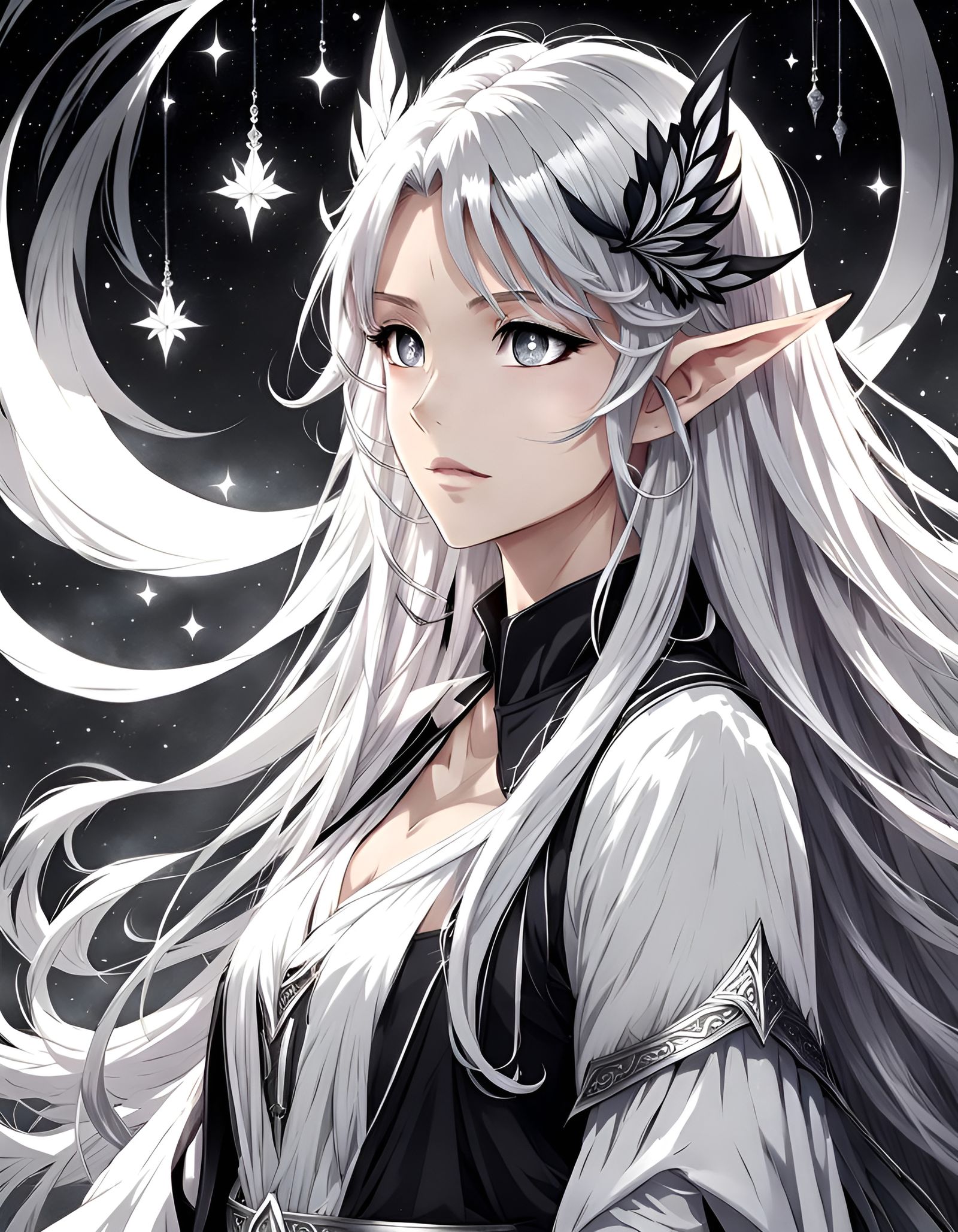 Anime Elf Girl with Silver Hair and White Magic