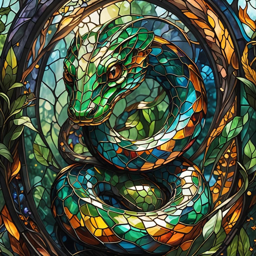 Glass Serpent in Forest: Hyperrealistic Stained Glass Art