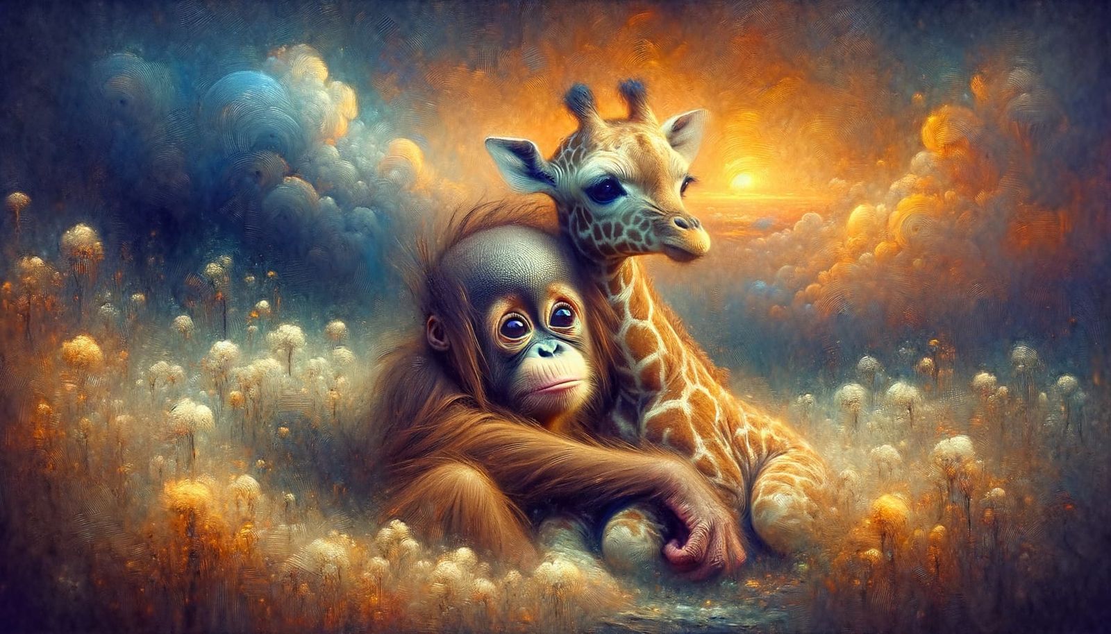 Orangutan and Giraffe Embrace in Dreamy Sunset