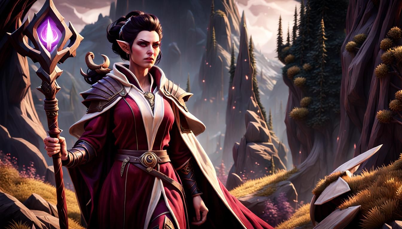 Qunari Mage Wielding Staff in Fantasy Landscape