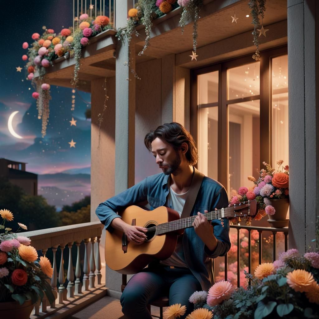 Guitarist Serenades Under Balcony in Romantic Light