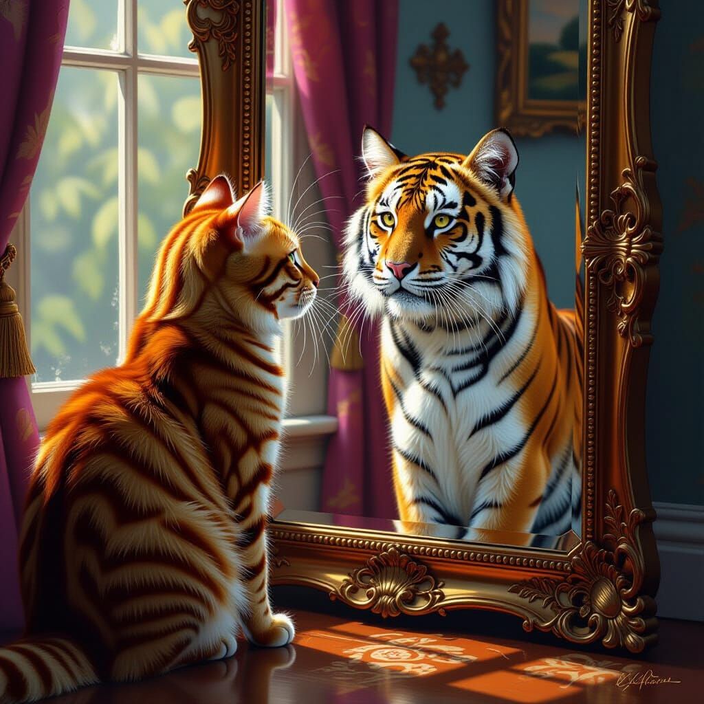Ginger Cat Sees Tiger Reflection in Antique Mirror