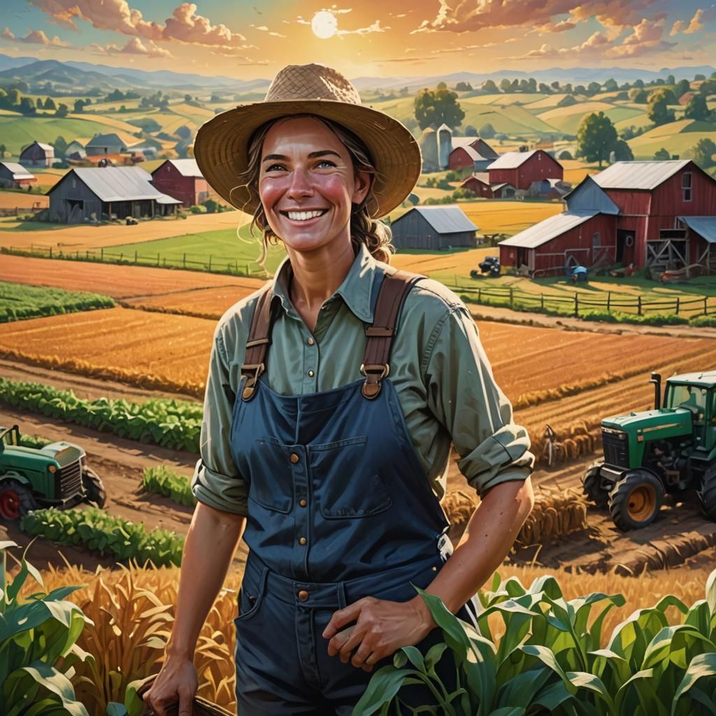 Female Farmer Overlooking Her Farm: Hyperrealistic Splash Ar...