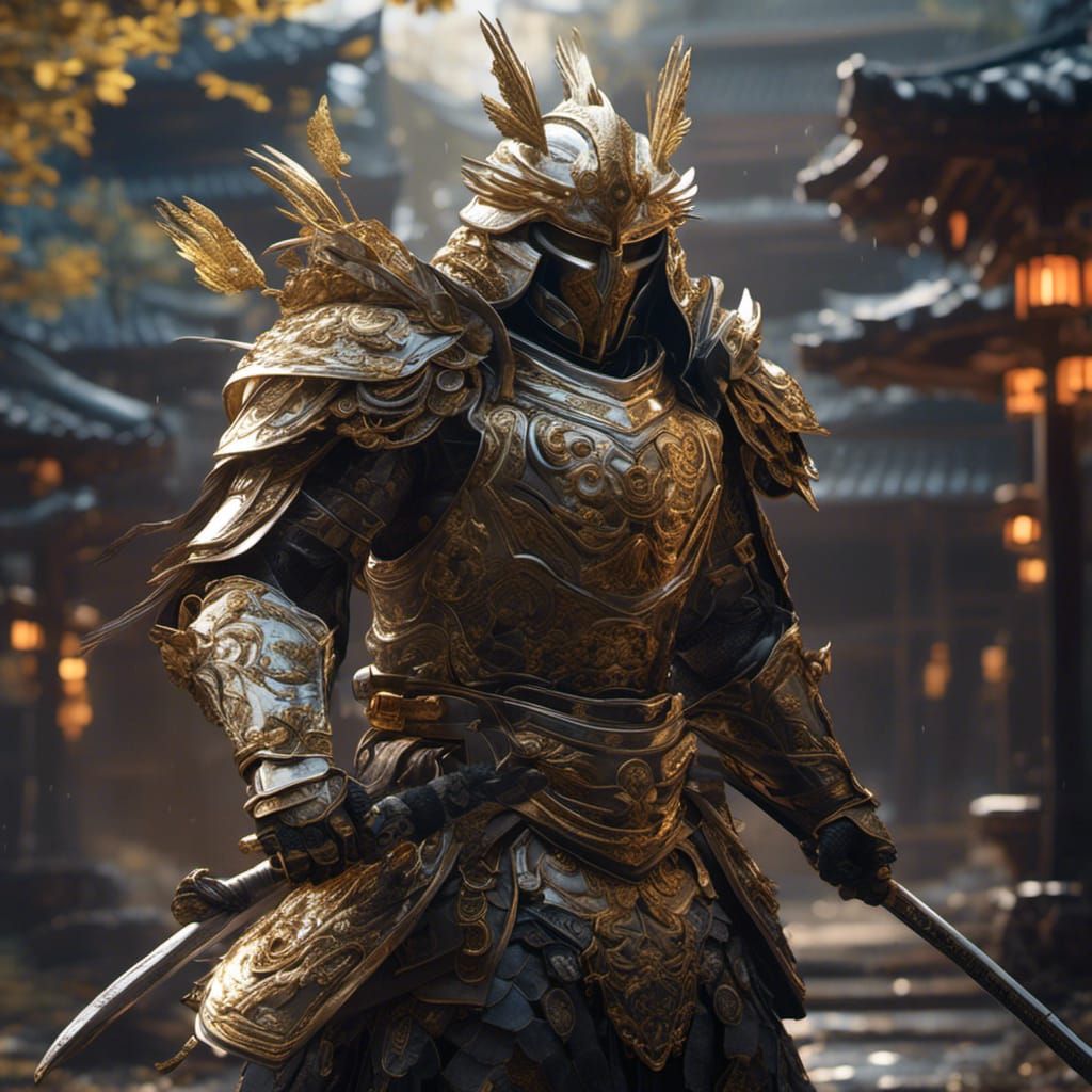 Aasimar Samurai in Hyperreal Dark Fantasy Style