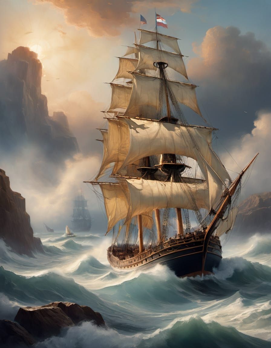 Majestic Victorian Sailing Ship in Turbulent Waves