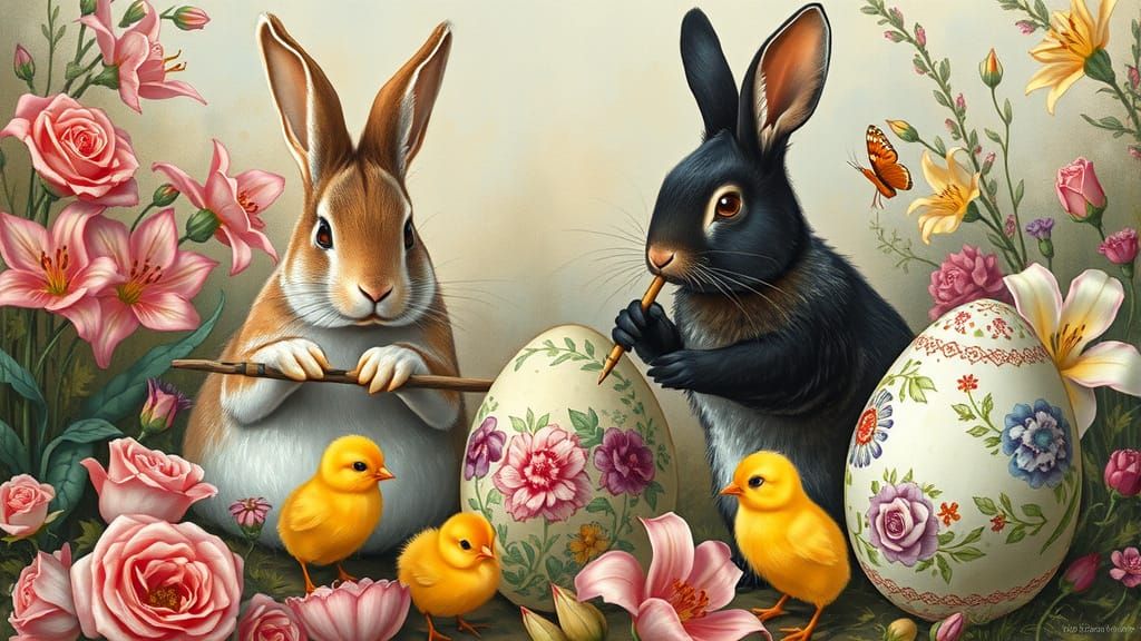 Rabbits Painting Easter Eggs in Whimsical Garden