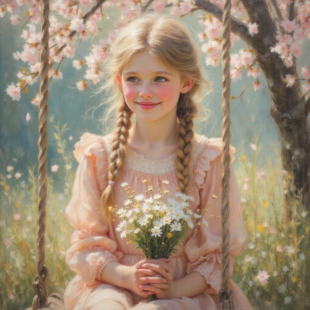 Girl on Swing in Dreamlike Oil Painting