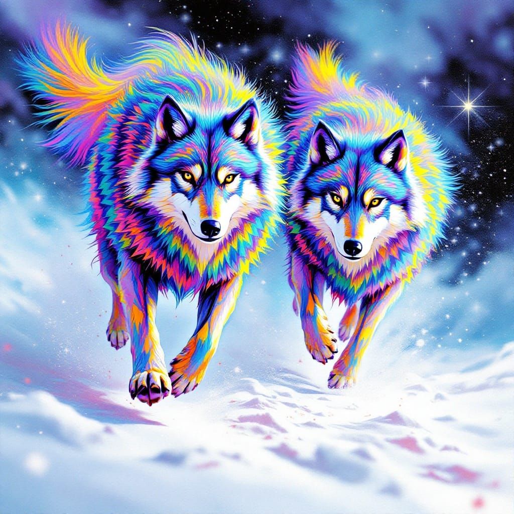 Surreal Peacock Wolves Rush Through Cosmic Snow in Vibrant 8...