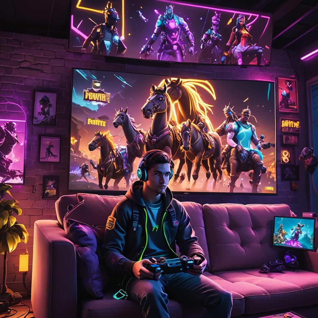Neon Gamer Room with Fortnite Horse, Digital Art