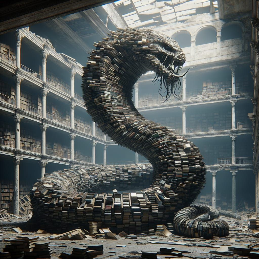 Towering Book Serpent in Ruined Library