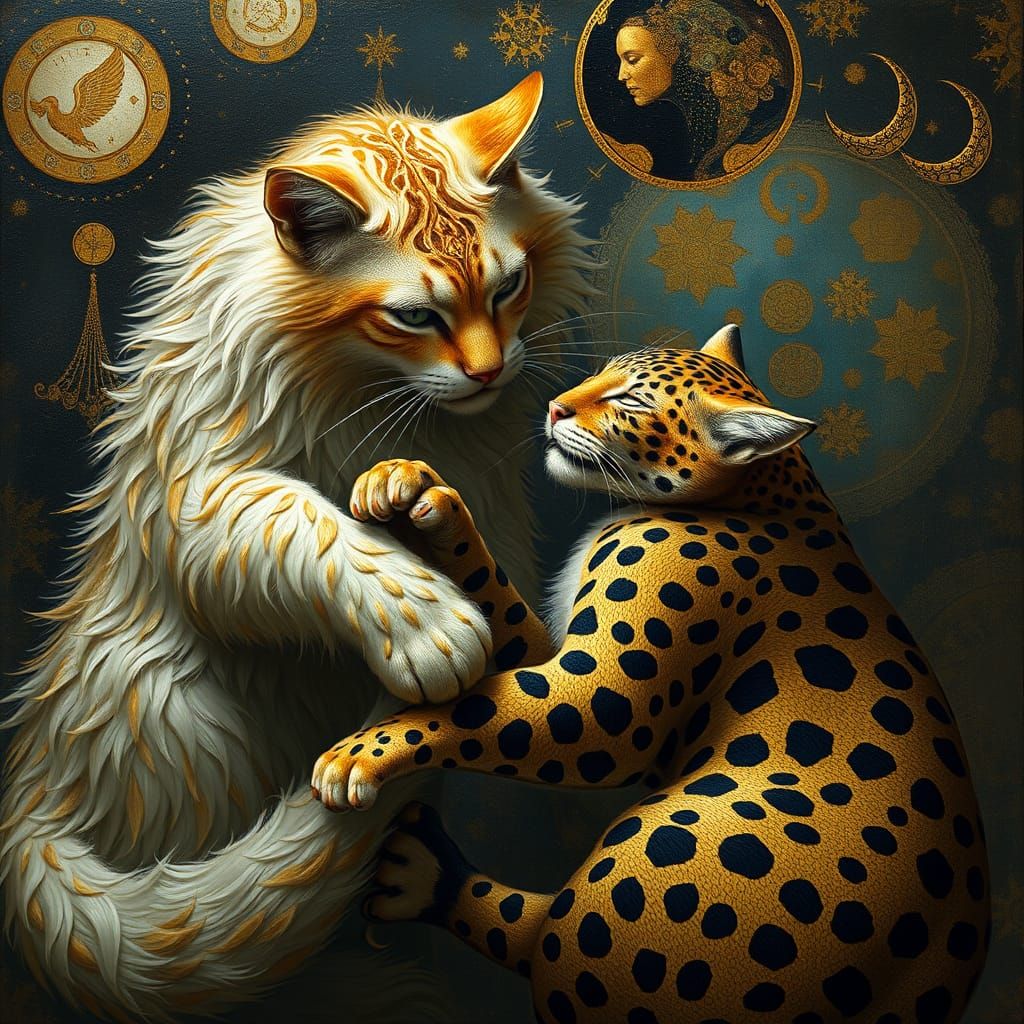 Surrealist Feline Allegory in Klimt's Golden Period Style