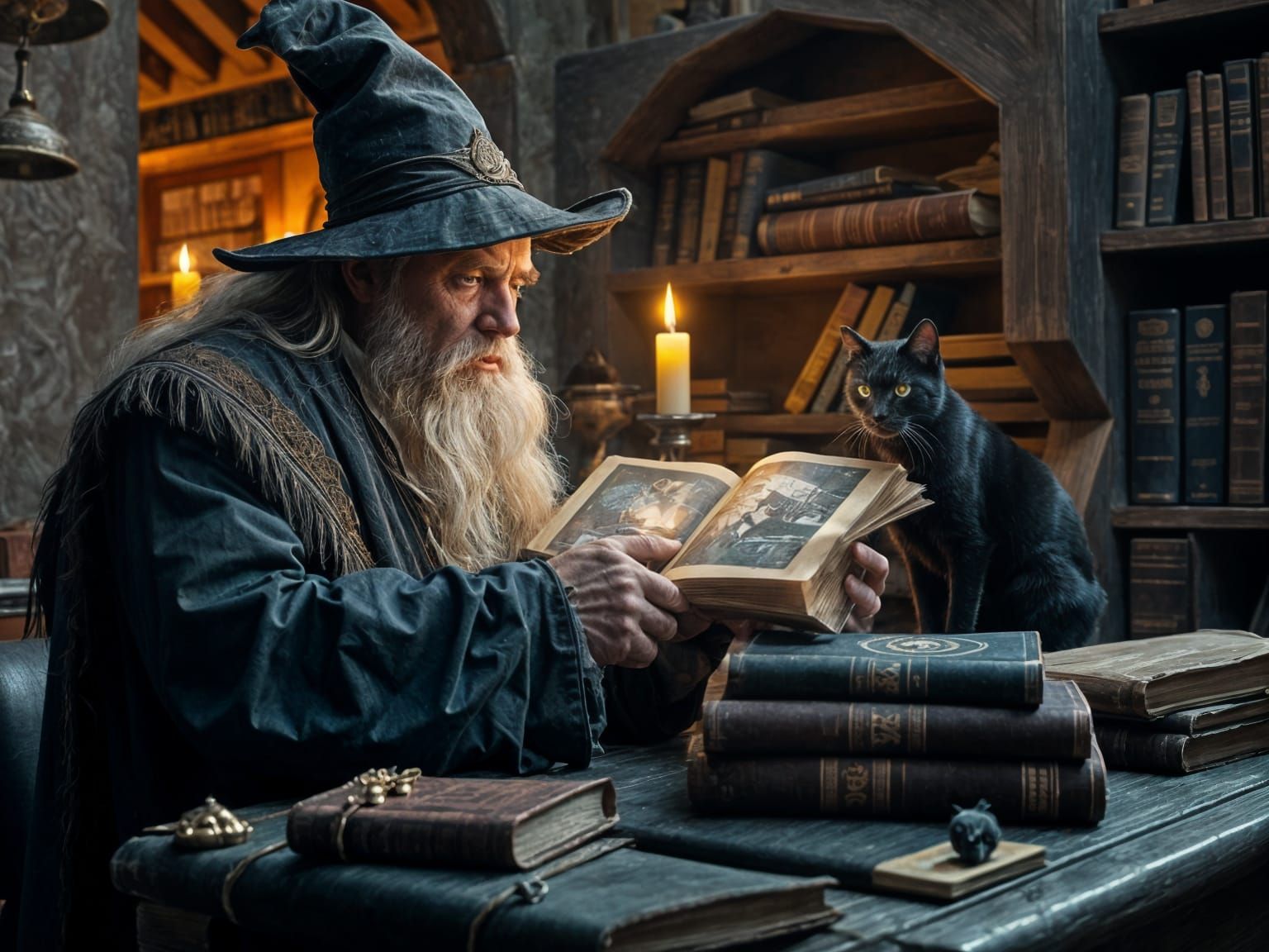 Wizard Reading Magic Book With Cat