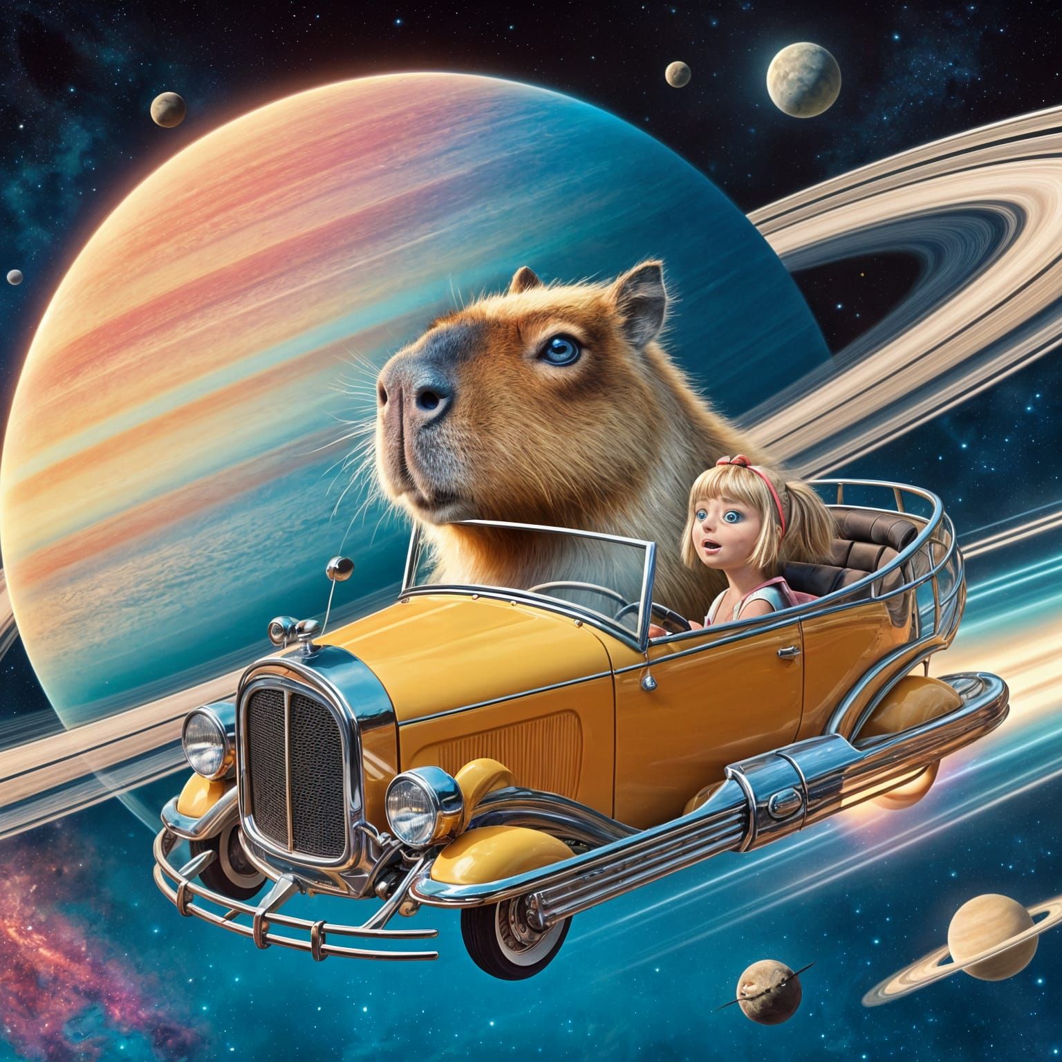 Capybara and Girl Fly Around Saturn in Cartoon Style