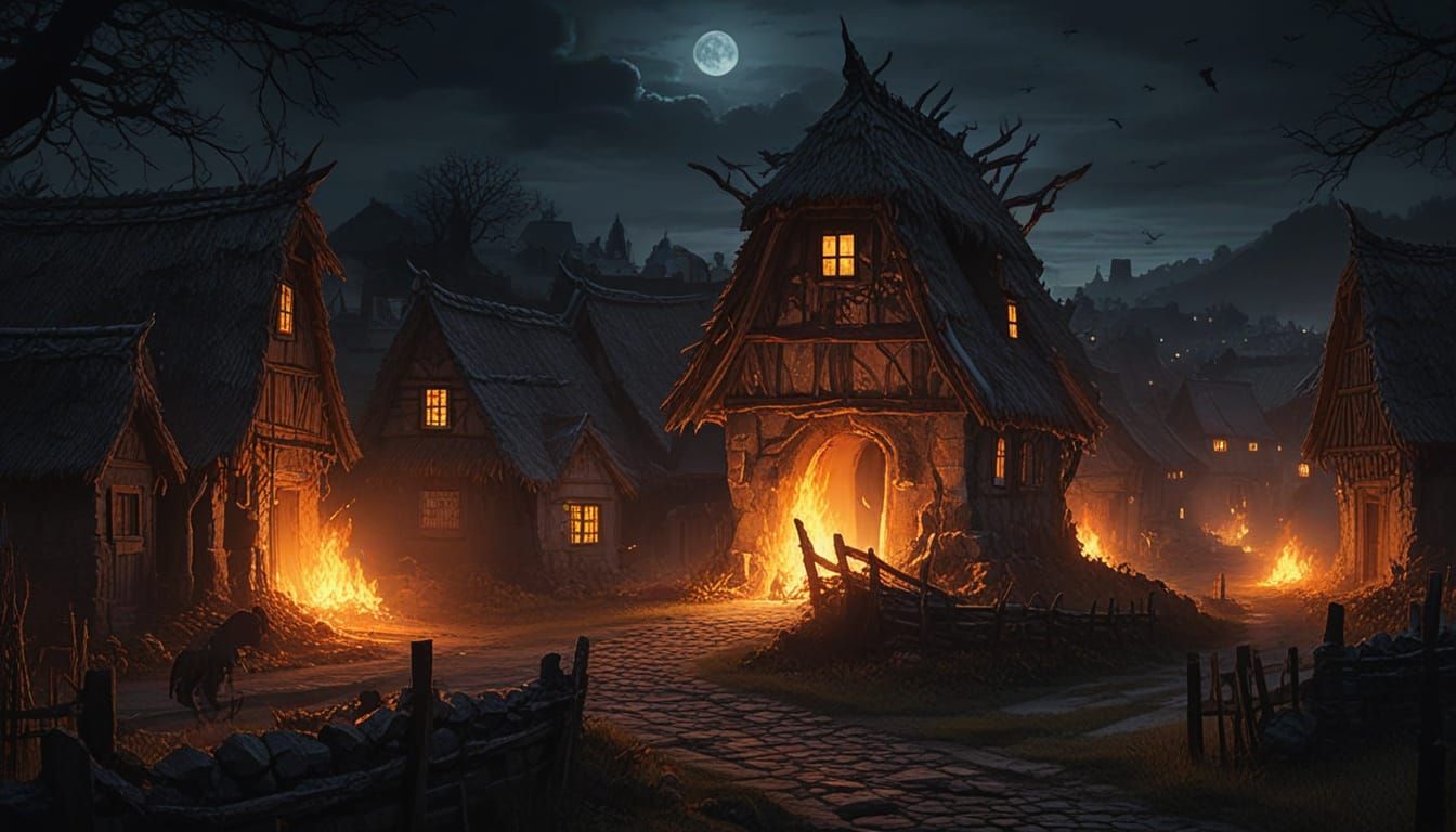Monster's Dark Fantasy Village Attack in Oil Painting