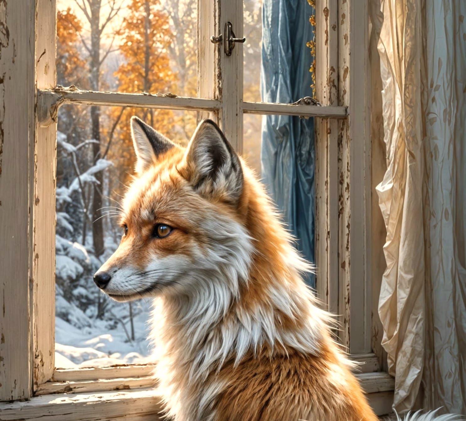 White Fox Gazing Out Window: Detailed Matte Painting