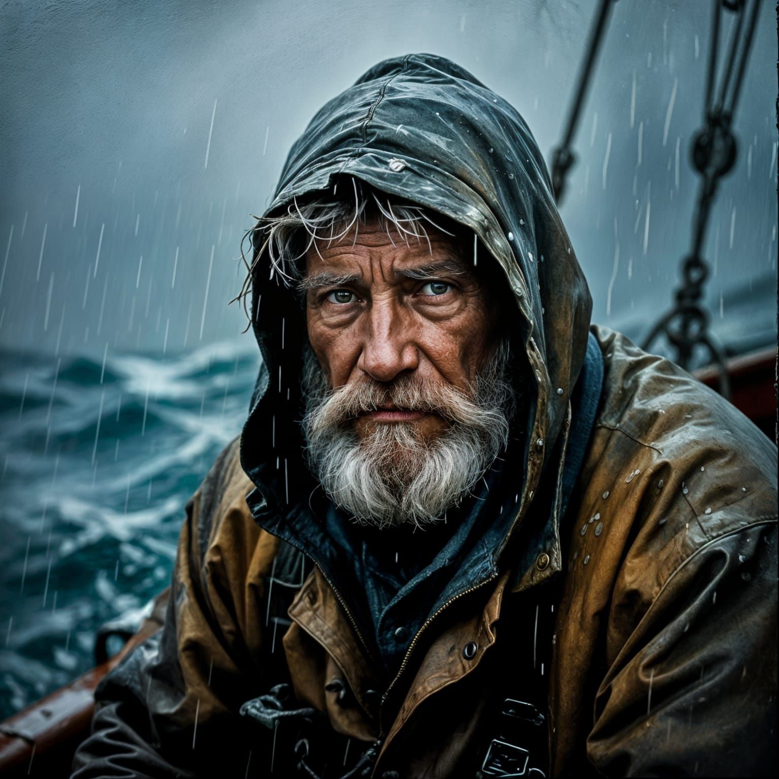 Fisherman in Heavy Rain in Rembrandt Style