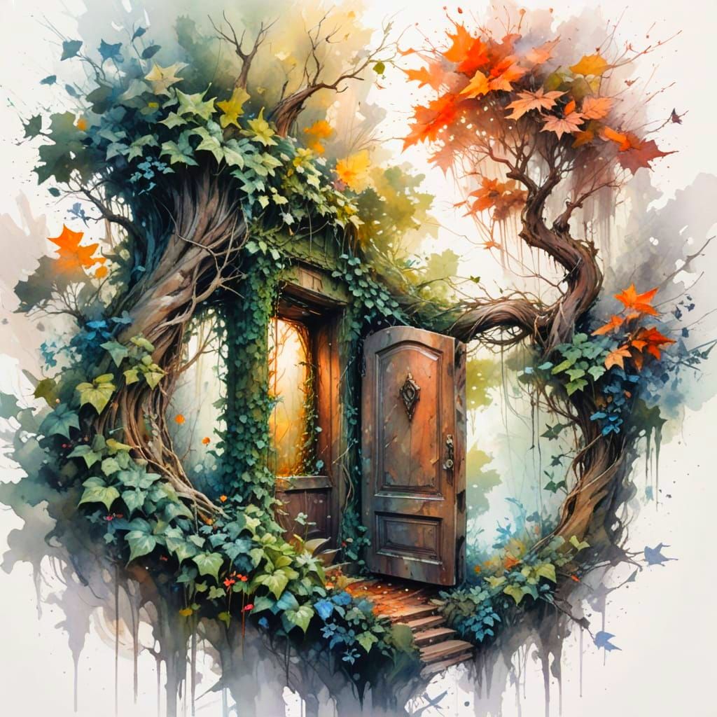 Surreal Forest Tree With Hidden Ivy Door