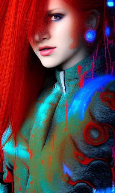 Cyberpunk Cowgirl with Red Hair in Fractal Stipple