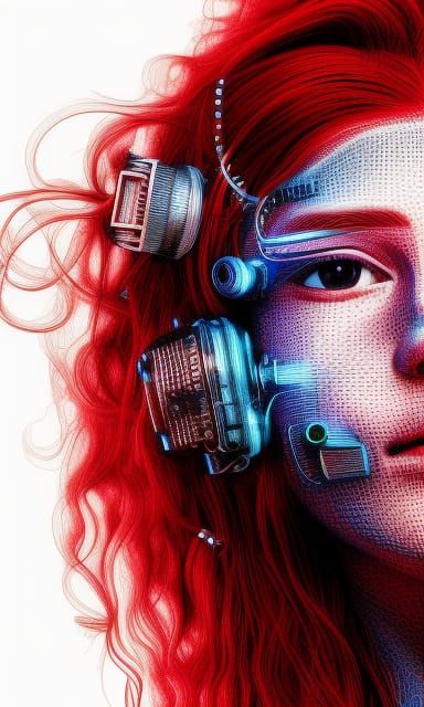 Red-Haired Cyberpunk Cowgirl in Fractal Stipple Style