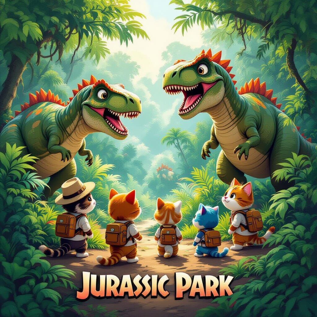 Jurassic Park Cats Explore Dino Jungle in Sci-Fi Adventure