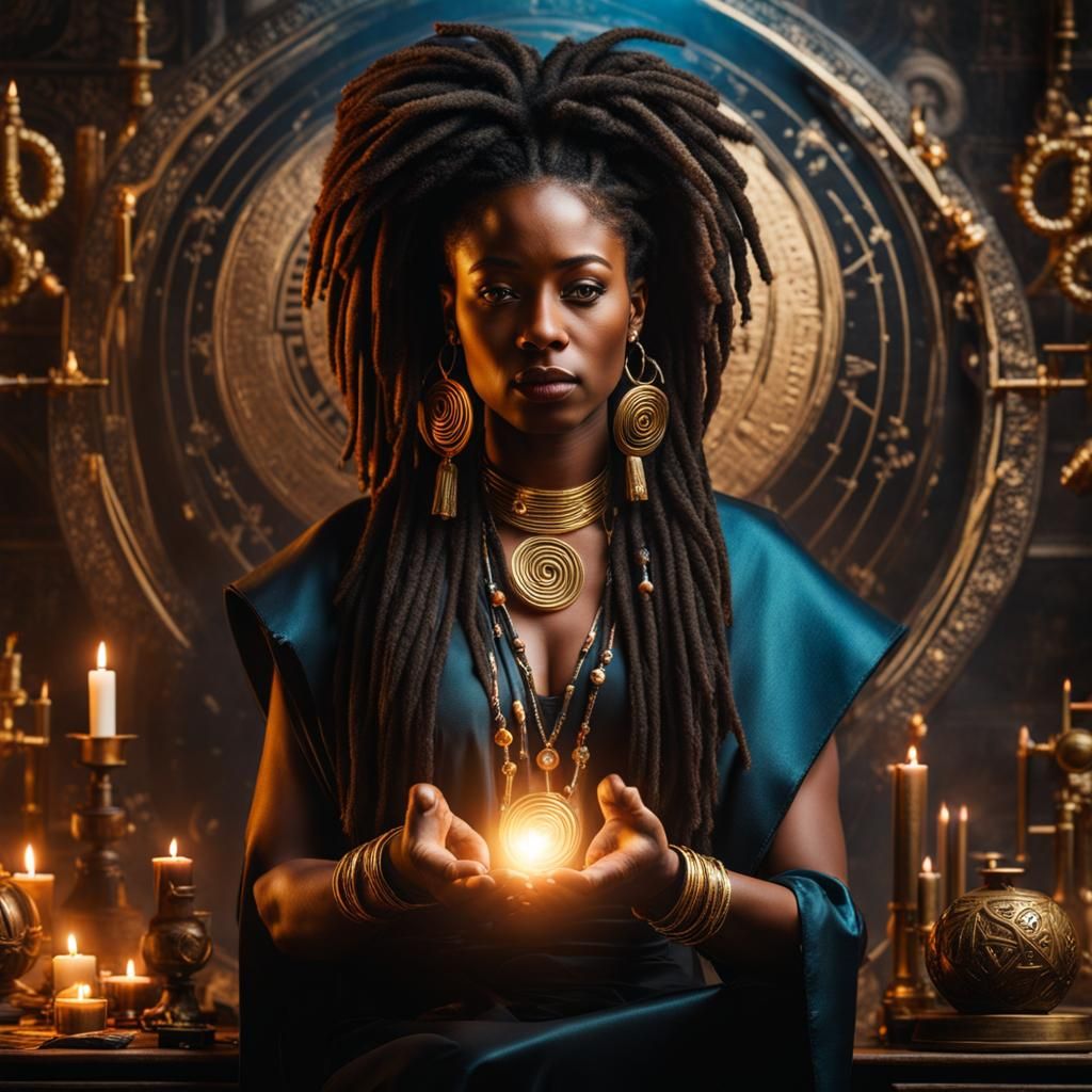 Magical Woman with Gold Dreads and Alchemy Symbols