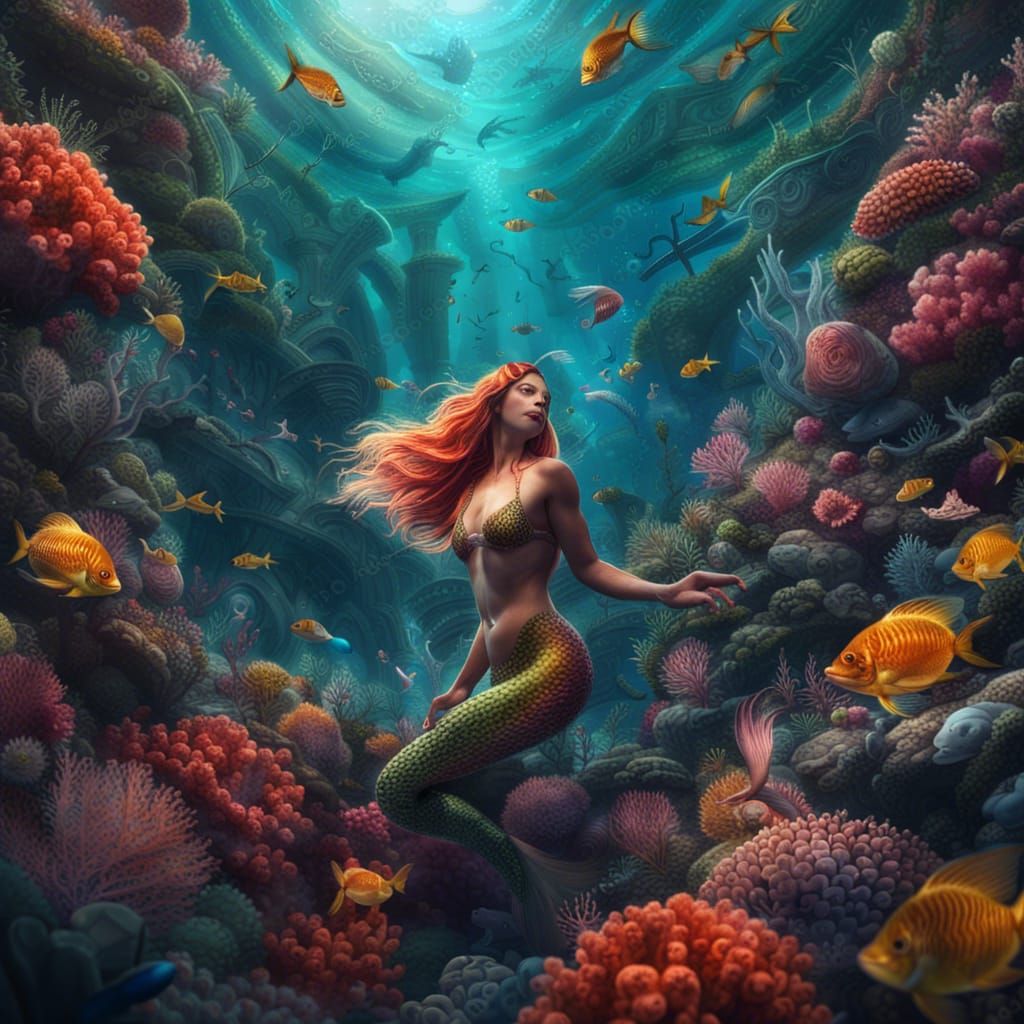 Mermaid in Coral Reef: Hyperrealistic Digital Painting
