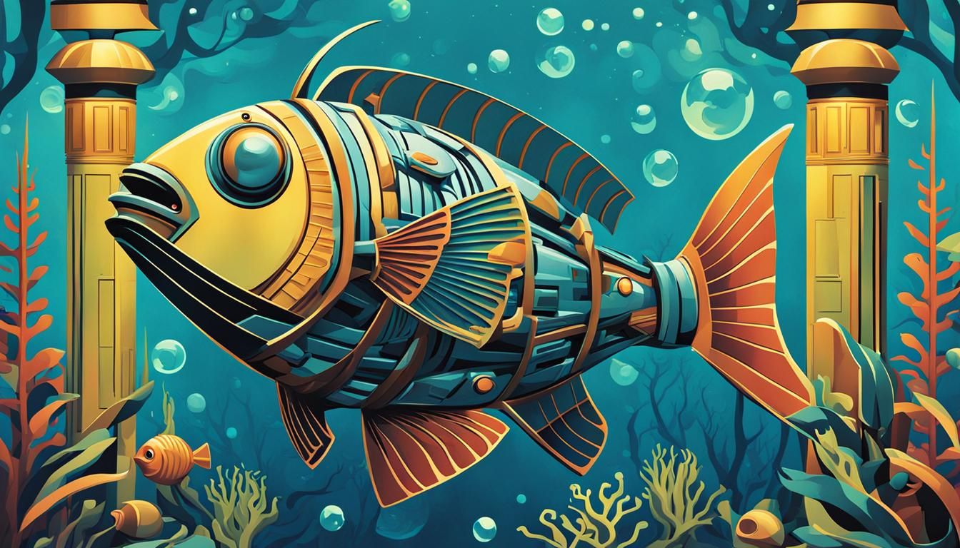 Egyptian Cubist Robot Fish in Kelp Forest