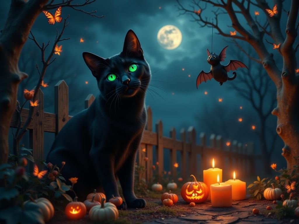 Black Cat With Bat on Fence in Autumn Night