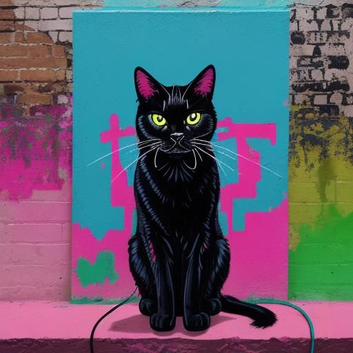 Vibrant Street Art of a Black Cat