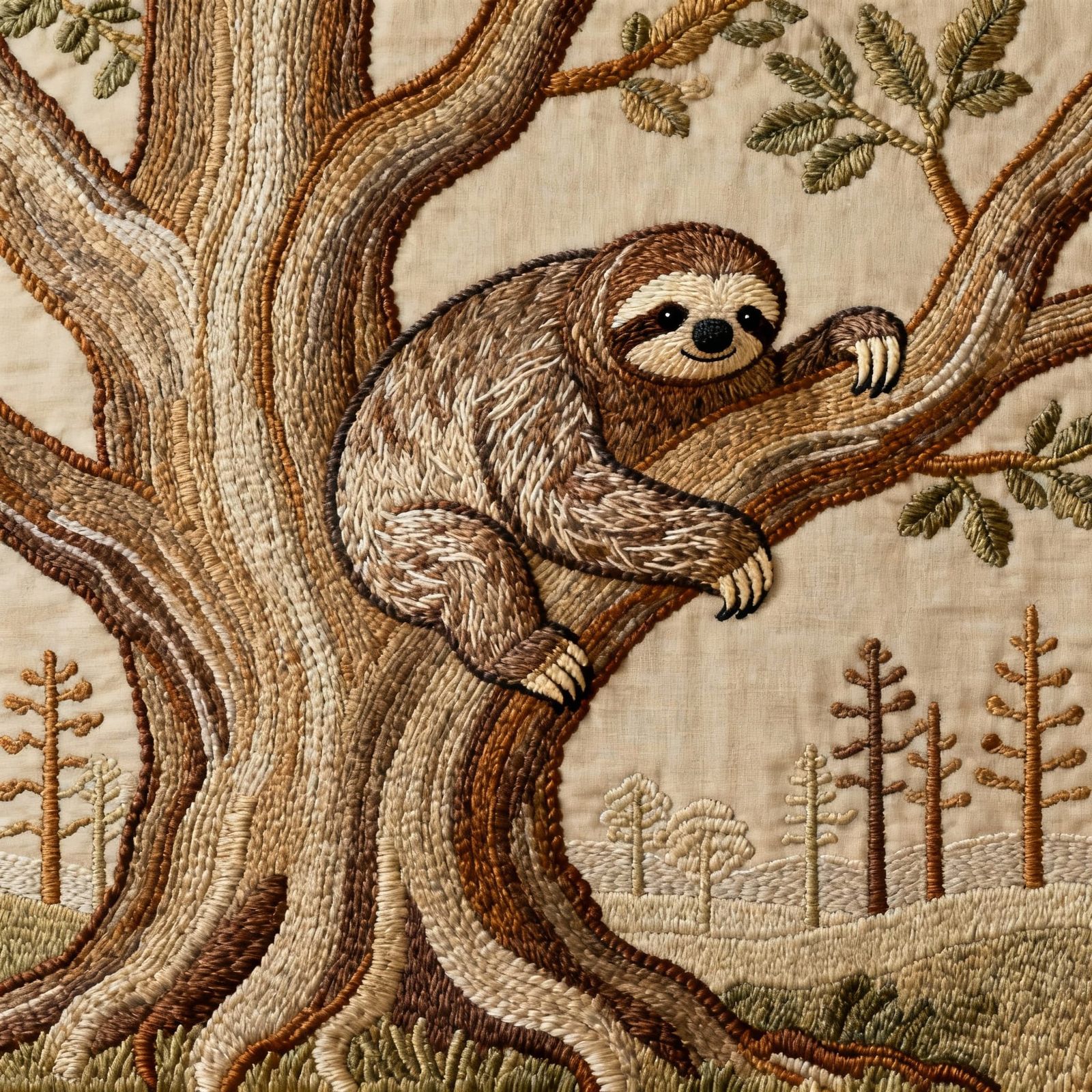 Sloth in Medieval Tapestry Style on Ancient Tree