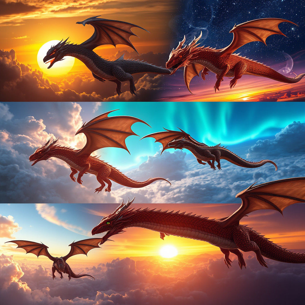 Majestic Dragons Soaring in Ethereal Skies