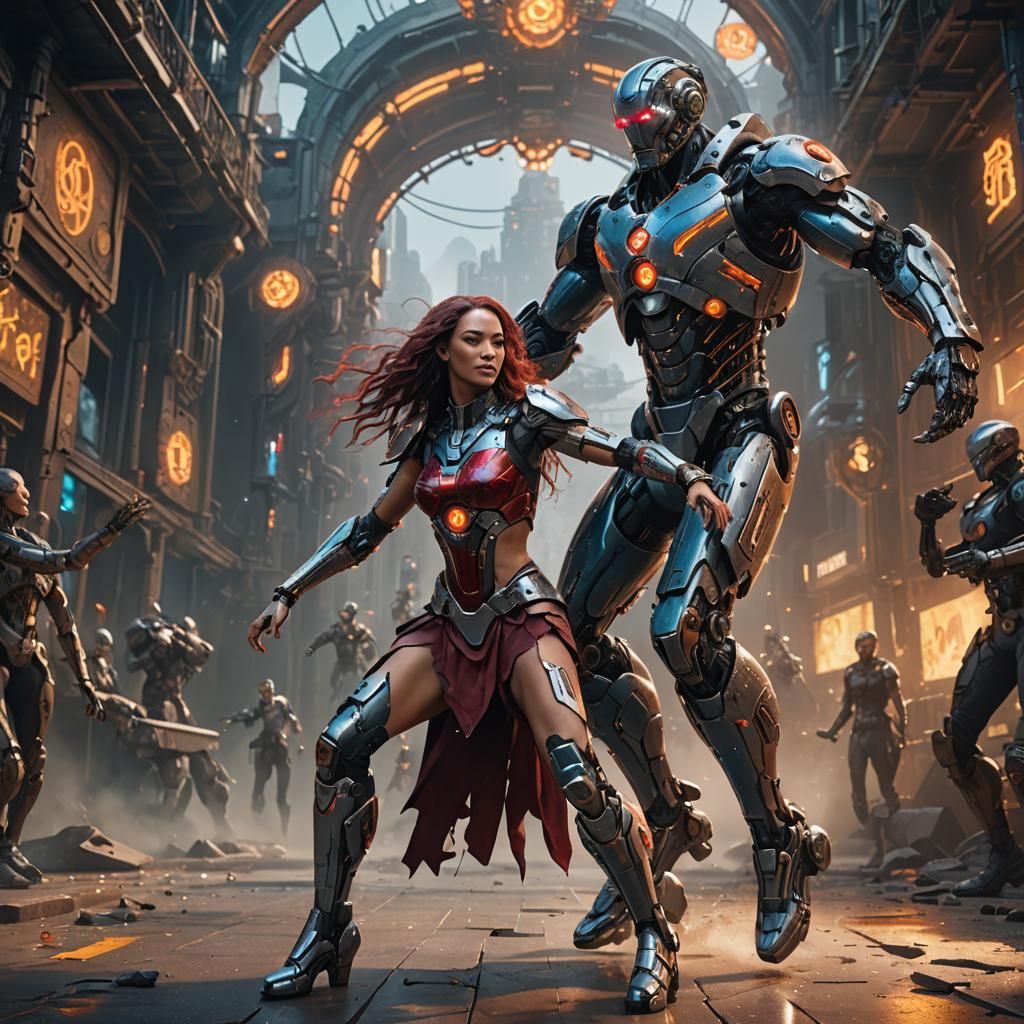 Cyborg and Girl Dancing: Fantasy Art