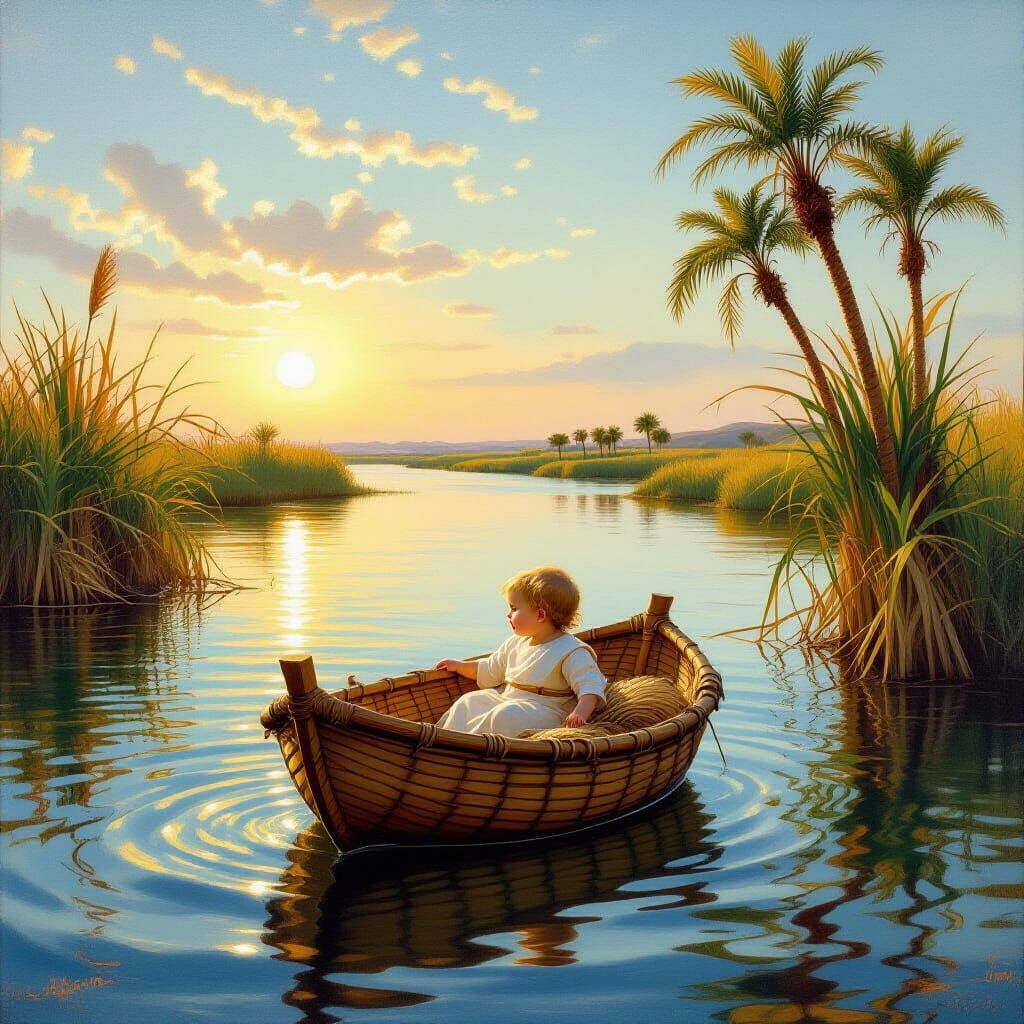 Baby Moses Floats Down the Nile River