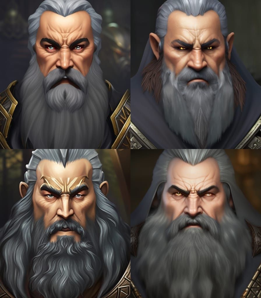 A dark gothic dwarf king, duergar, armored, evil, old grey skin ,white beard,white hair, head and shoulders portrait, 8k...