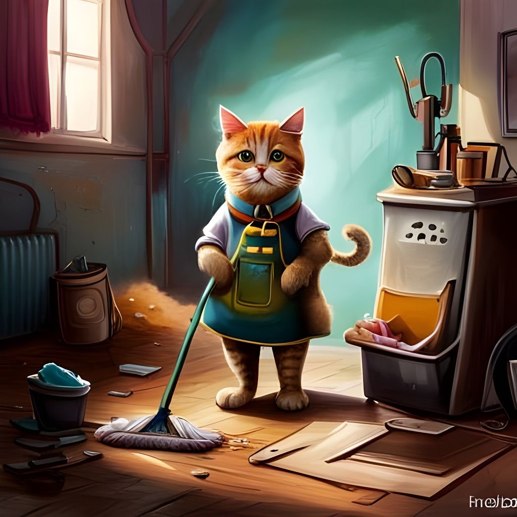Anthropomorphic Cat Cleaning Living Room