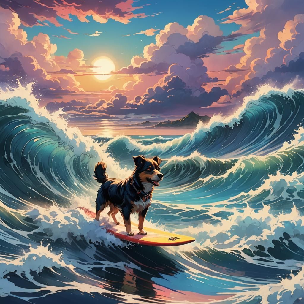 Dog Surfing Psychedelic Waves in Anime Style
