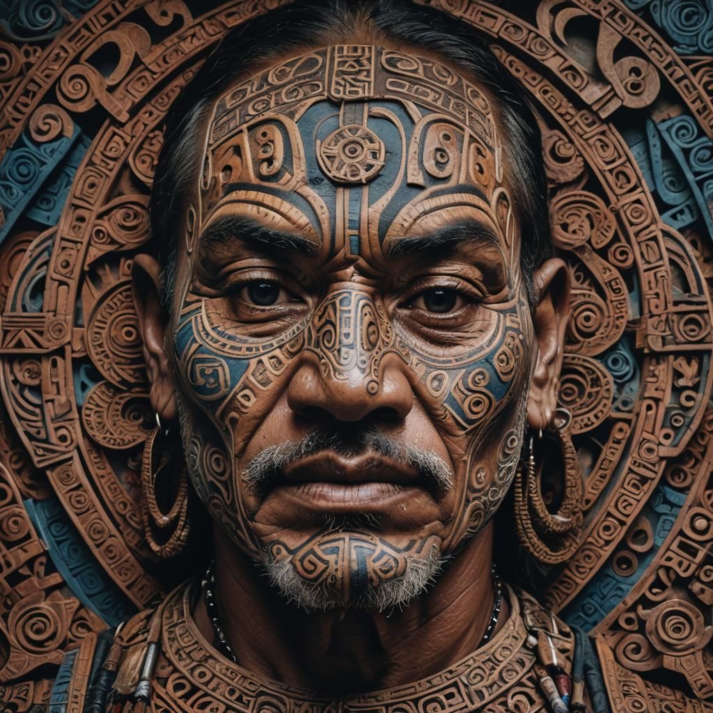 Intricate Maori Portrait with Geometric Tattoos