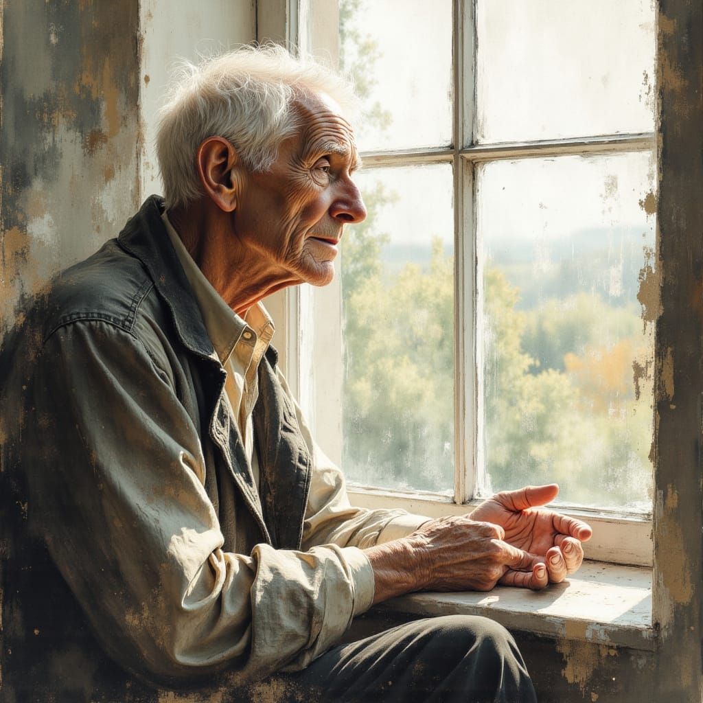 Elderly Man Reflects on Memories in Watercolor Style