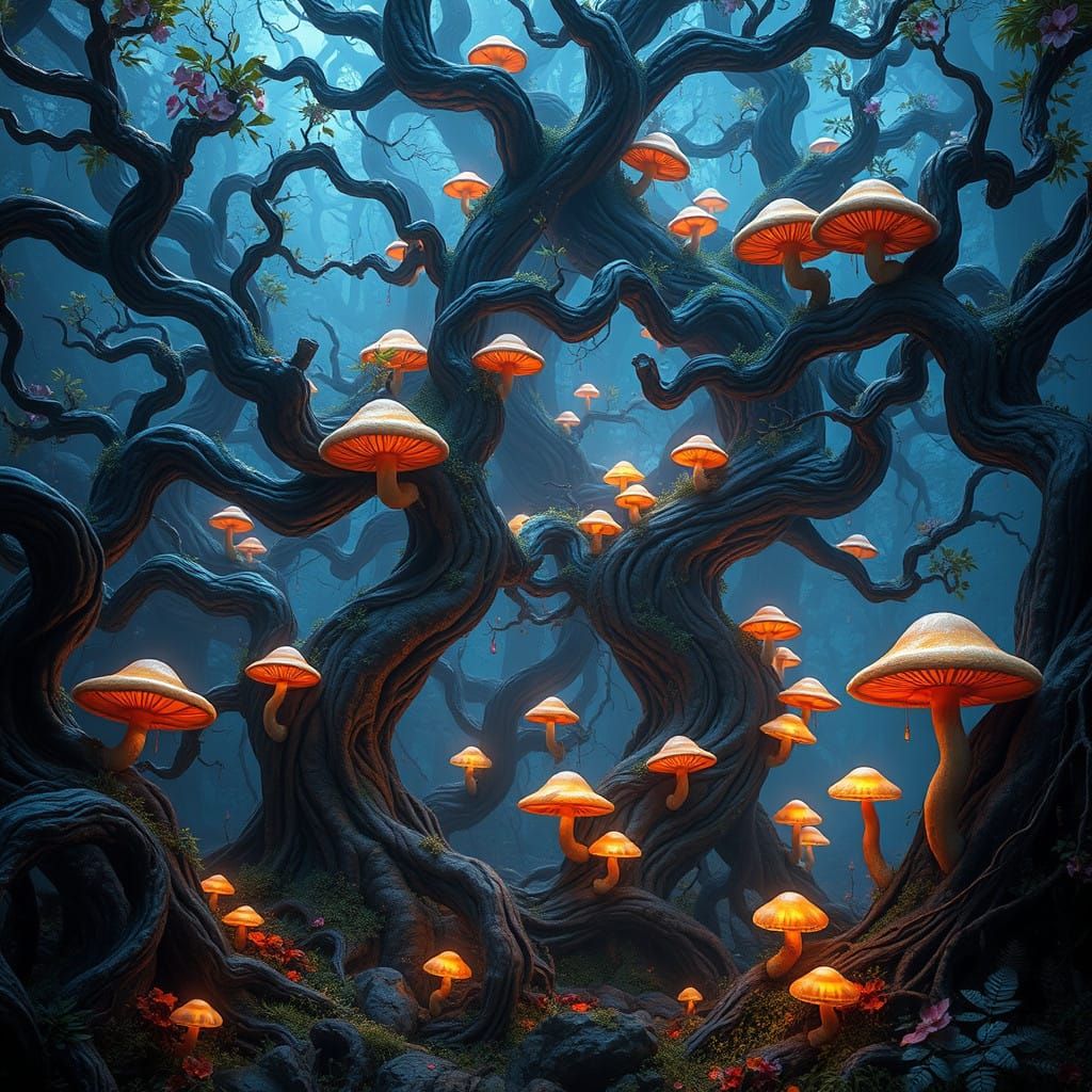 Ancient, Mystical Forest in Cyberpunk Art Style