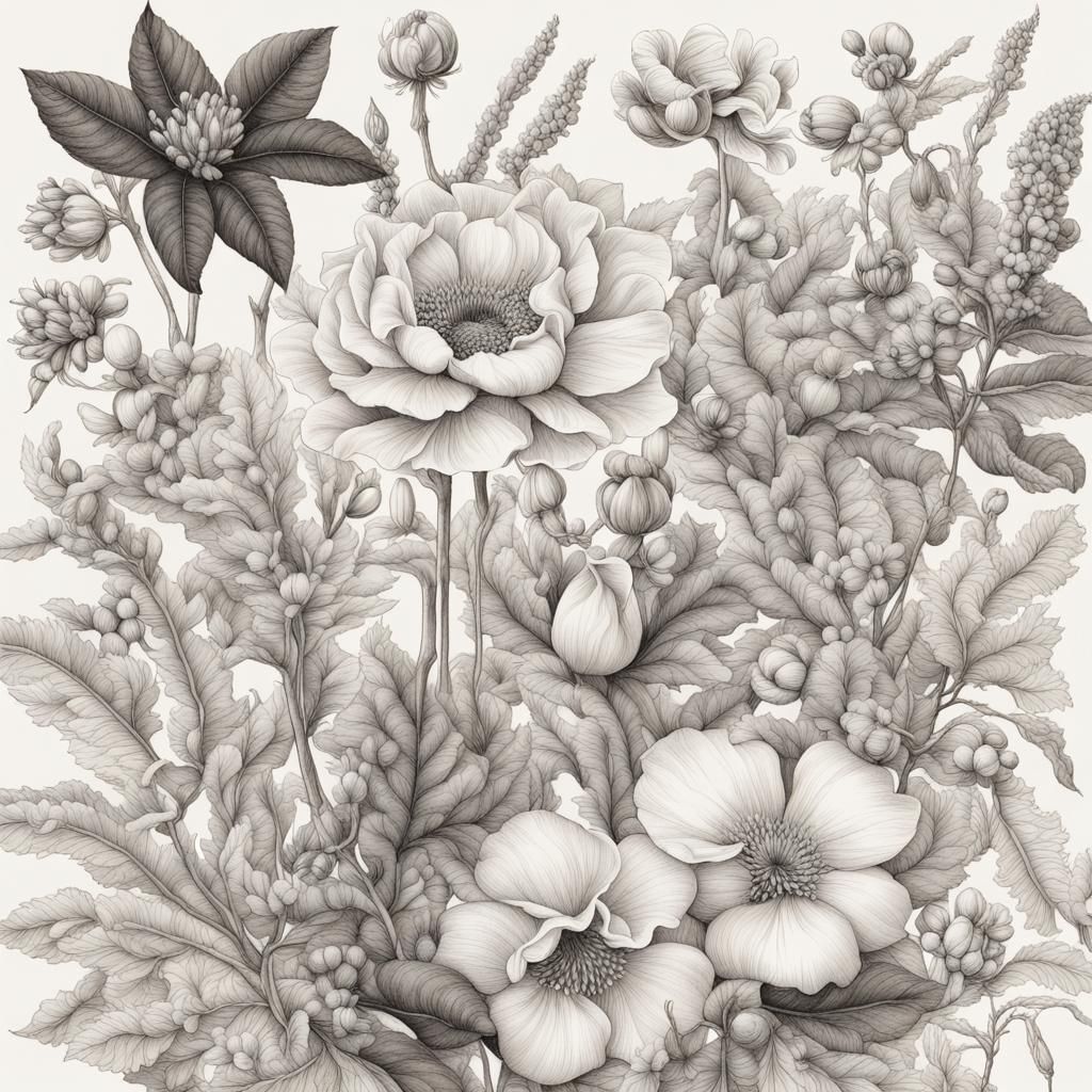 Botanical Ink Illustration of Flowers and Leaves
