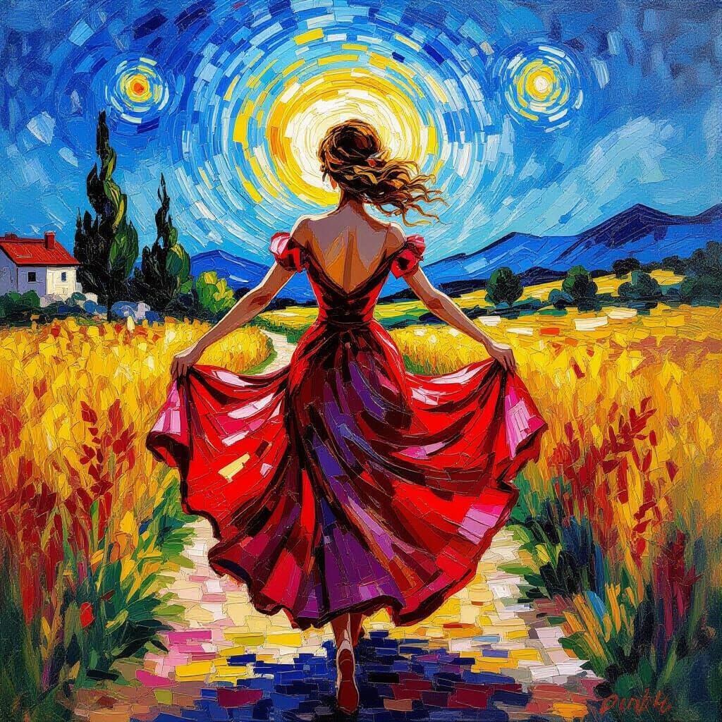 Woman in Red Dancing Under Rainbow Sun Impasto Style