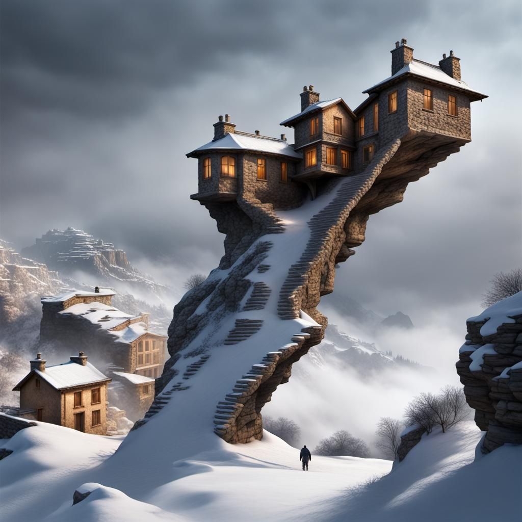 Epic Rocky Steps to Sky: Hyperrealistic Mountain Village
