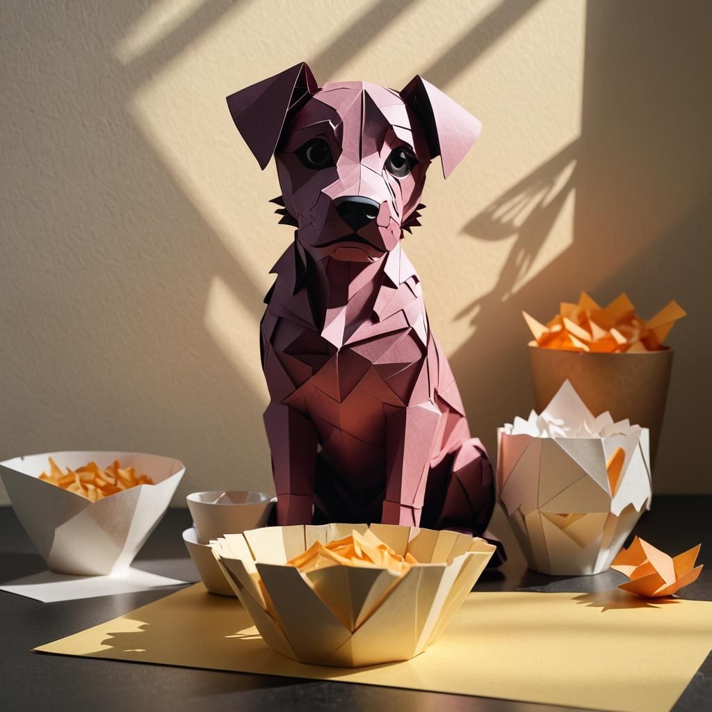 Kirigami Paper Puppy Beside Food Bowl