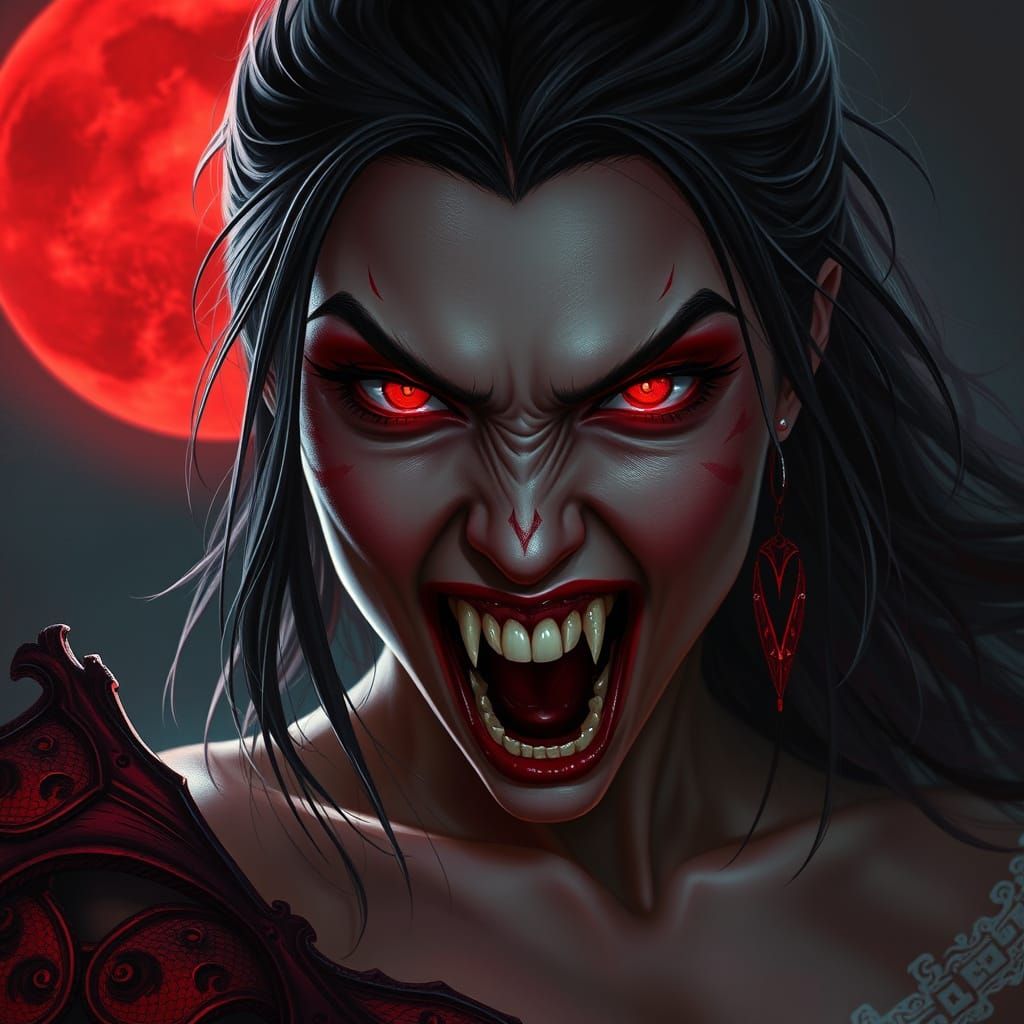Dark Fantasy Vampiress Illuminated by Blood Red Moon