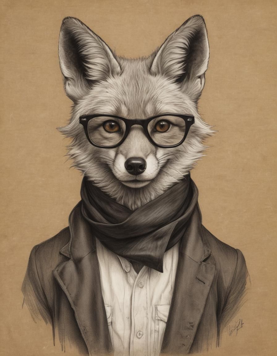 Elegant Gothic Fox Sketch Drawing on Brown Paper