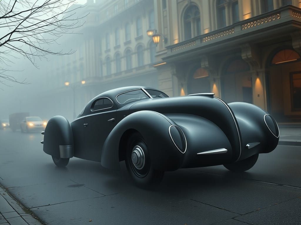 Vintage 1940s Matte Black Automobile in a Fog-Shrouded Londo...