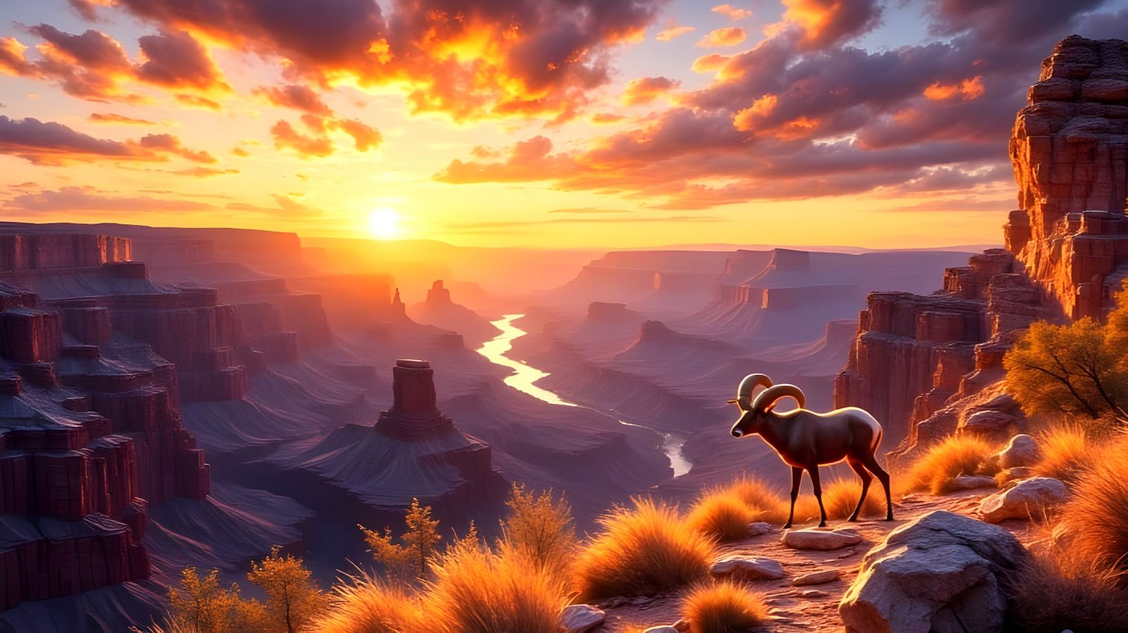 Grand Canyon Sunrise with Bighorn Sheep in Detailed Matte Pa...