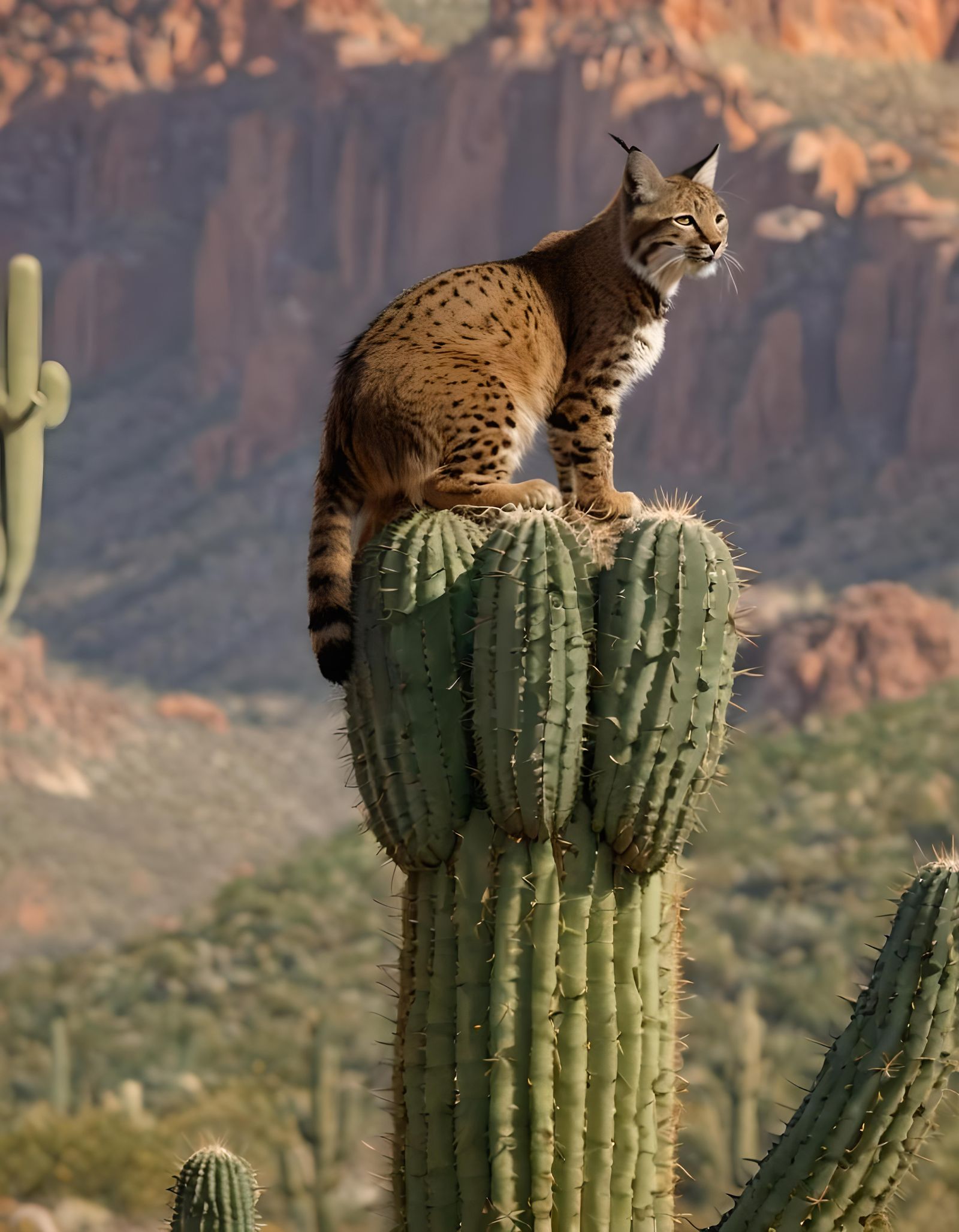 Bobcat on Saguaro in Western Art Style