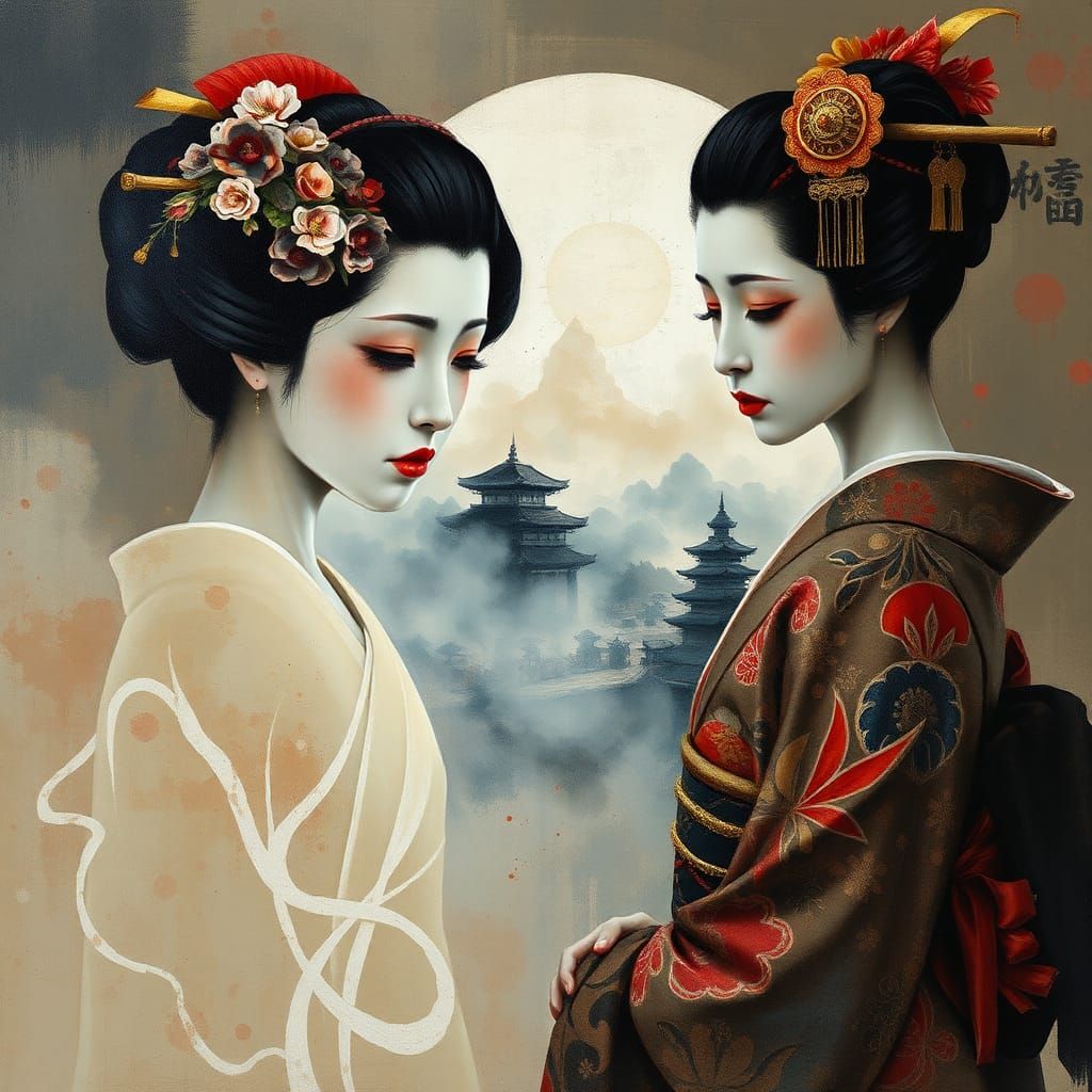 Geisha Visited by Samurai Ghost in Impasto Style