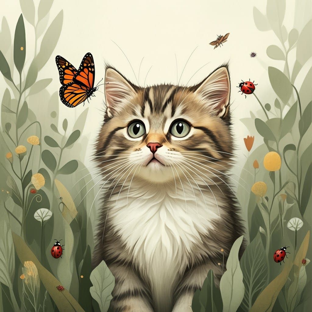 Kitten with Butterfly in Whimsical Meadow